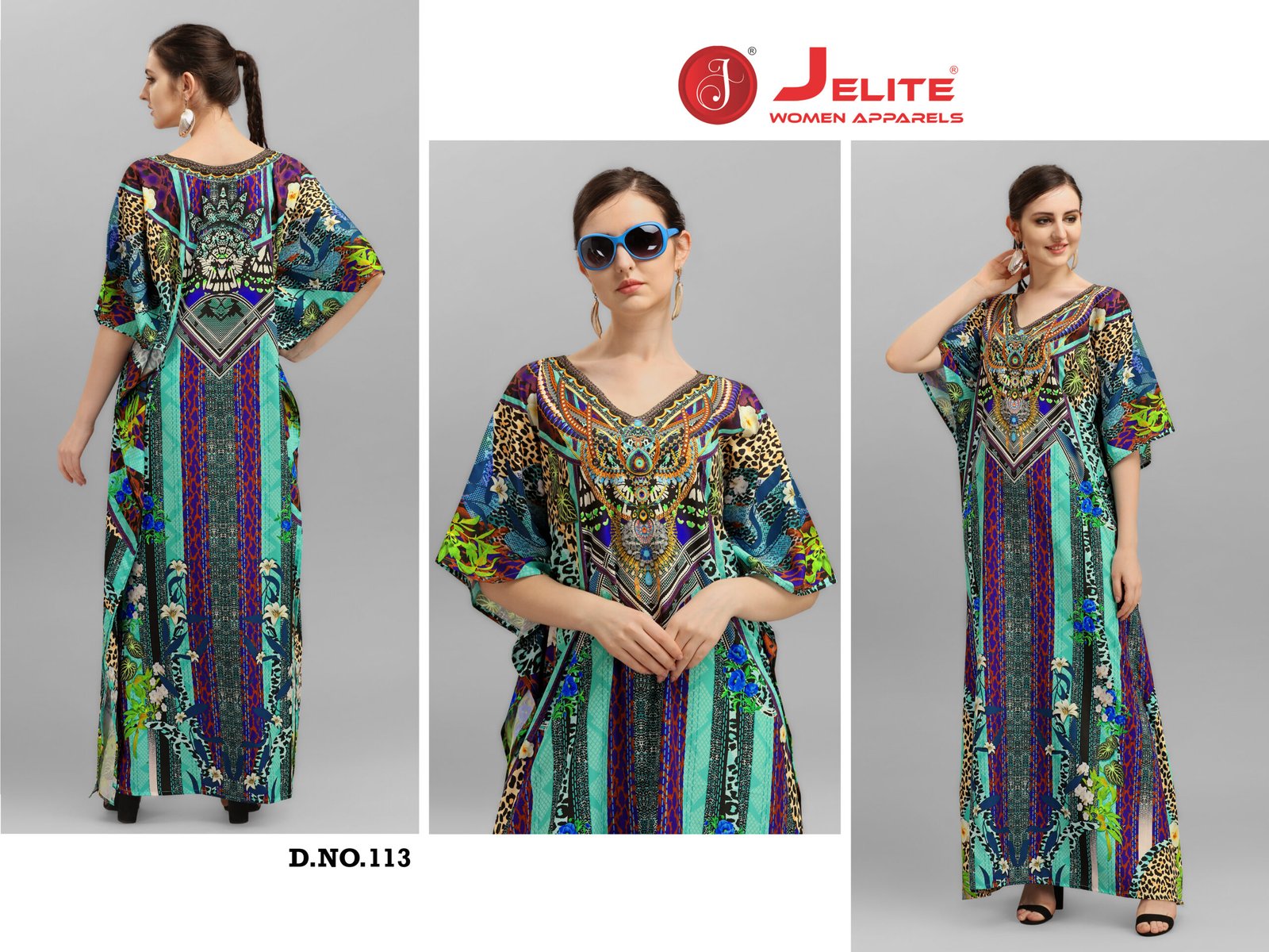 113 copy Afreen Kaftan Polyester Crepe Fabric With Digital Printing and Stone Work-Size - Free Size (fits up to 3Xl)