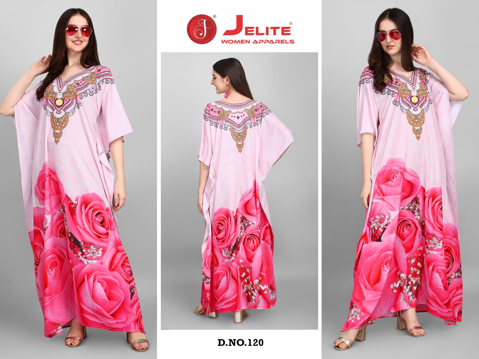 120 copy Afreen Kaftan Polyester Crepe Fabric With Digital Printing and Stone Work-Size - Free Size (fits up to 3Xl)