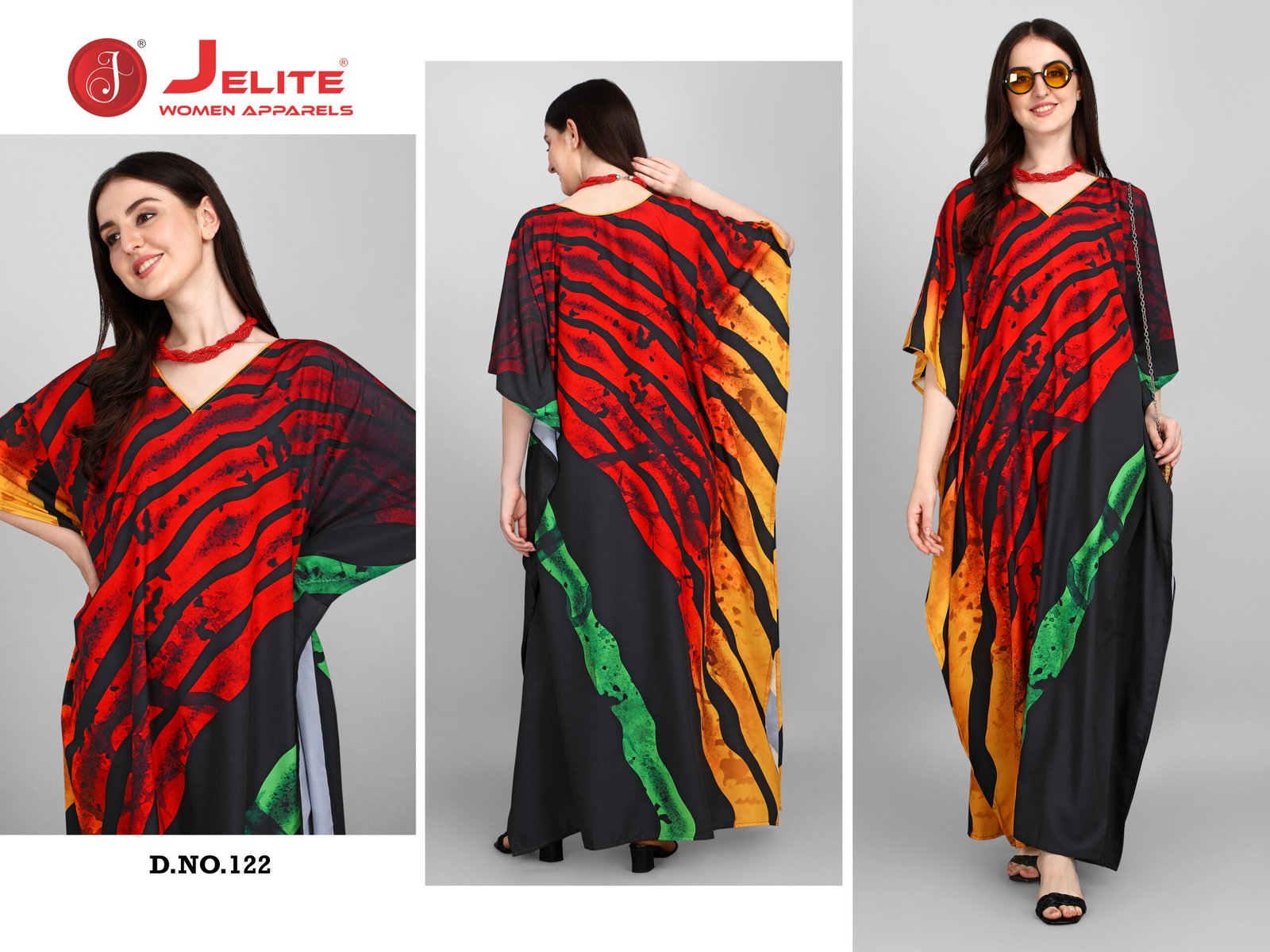122 copy Afreen Kaftan Polyester Crepe Fabric With Digital Printing and Stone Work-Size - Free Size (fits up to 3Xl)