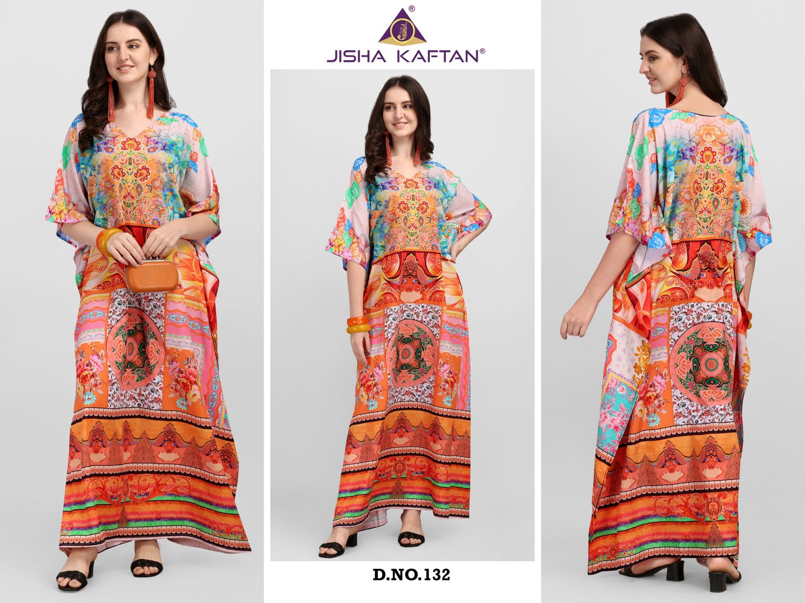 132 Afreen Kaftan Polyester Crepe Fabric With Digital Printing and Stone Work-Size - Free Size (fits up to 3Xl)