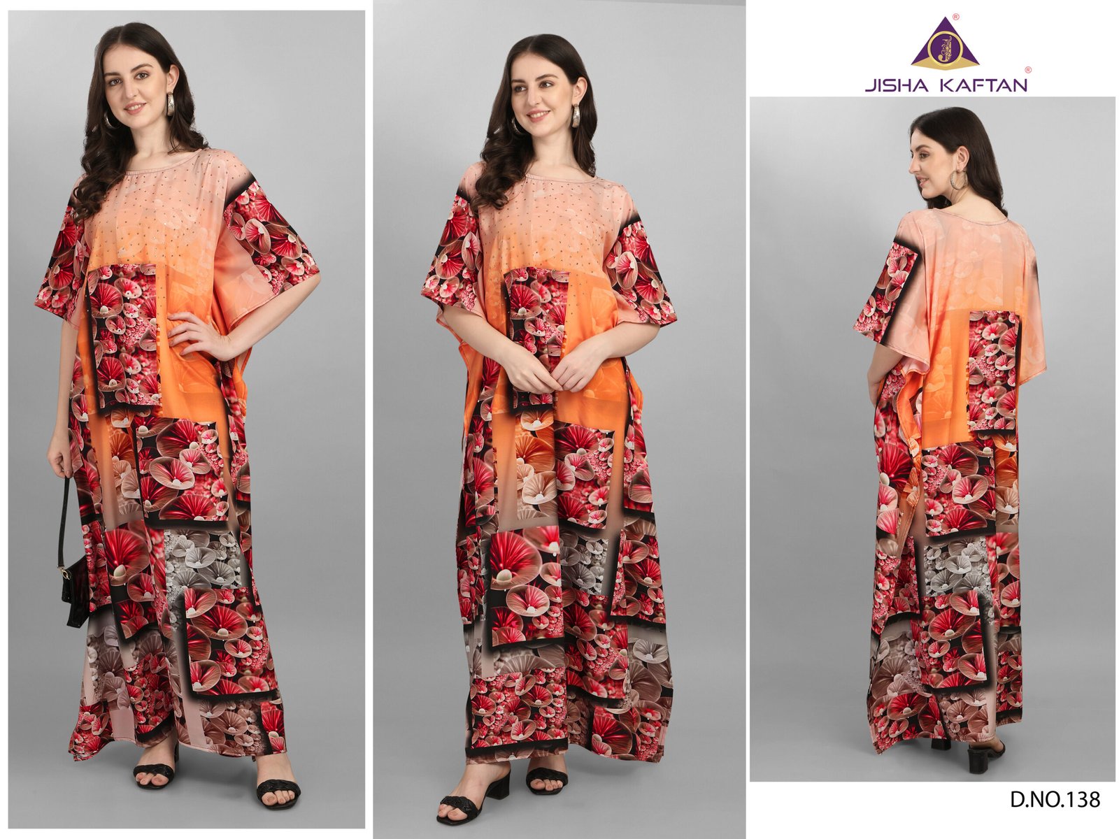 138 copy Afreen Kaftan Polyester Crepe Fabric With Digital Printing and Stone Work-Size - Free Size (fits up to 3Xl)