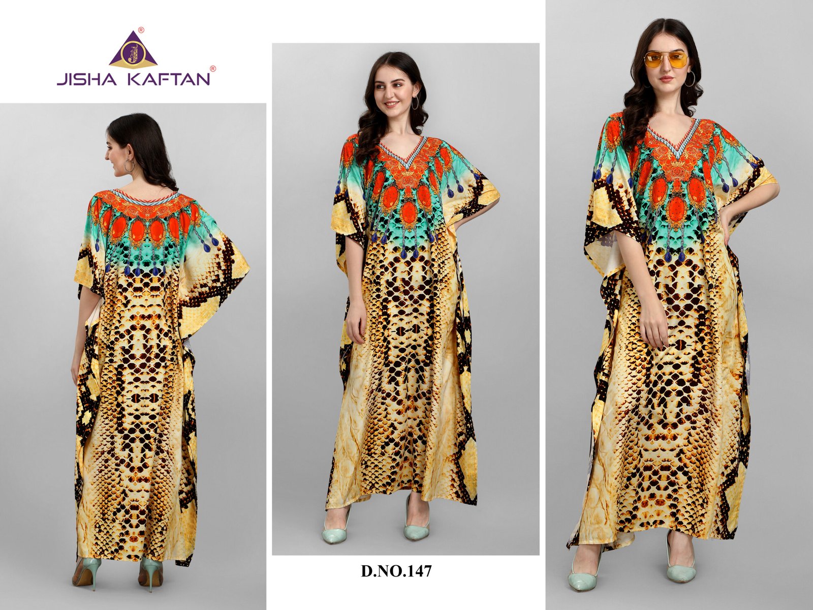147 Afreen Kaftan Polyester Crepe Fabric With Digital Printing and Stone Work-Size - Free Size (fits up to 3Xl)
