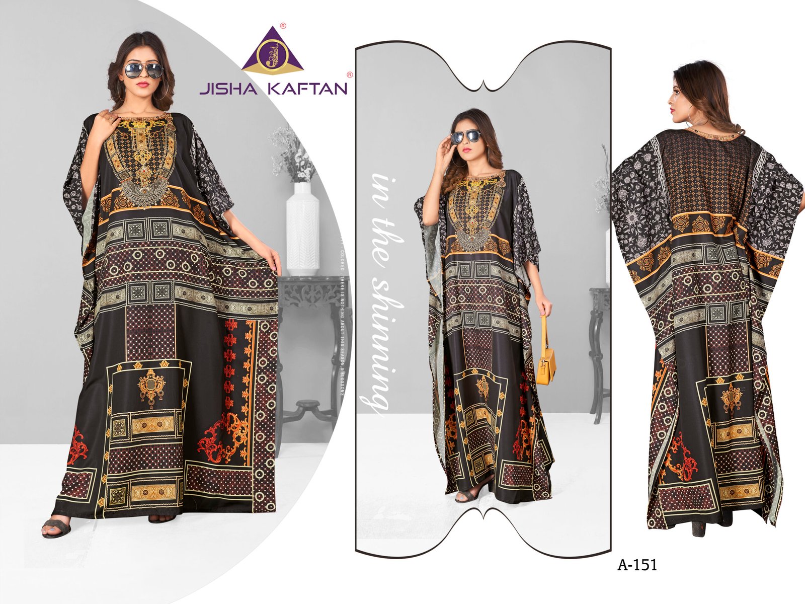 A-151 Afreen Kaftan Polyester Crepe Fabric With Digital Printing and Stone Work-Size - Free Size (fits up to 3Xl)