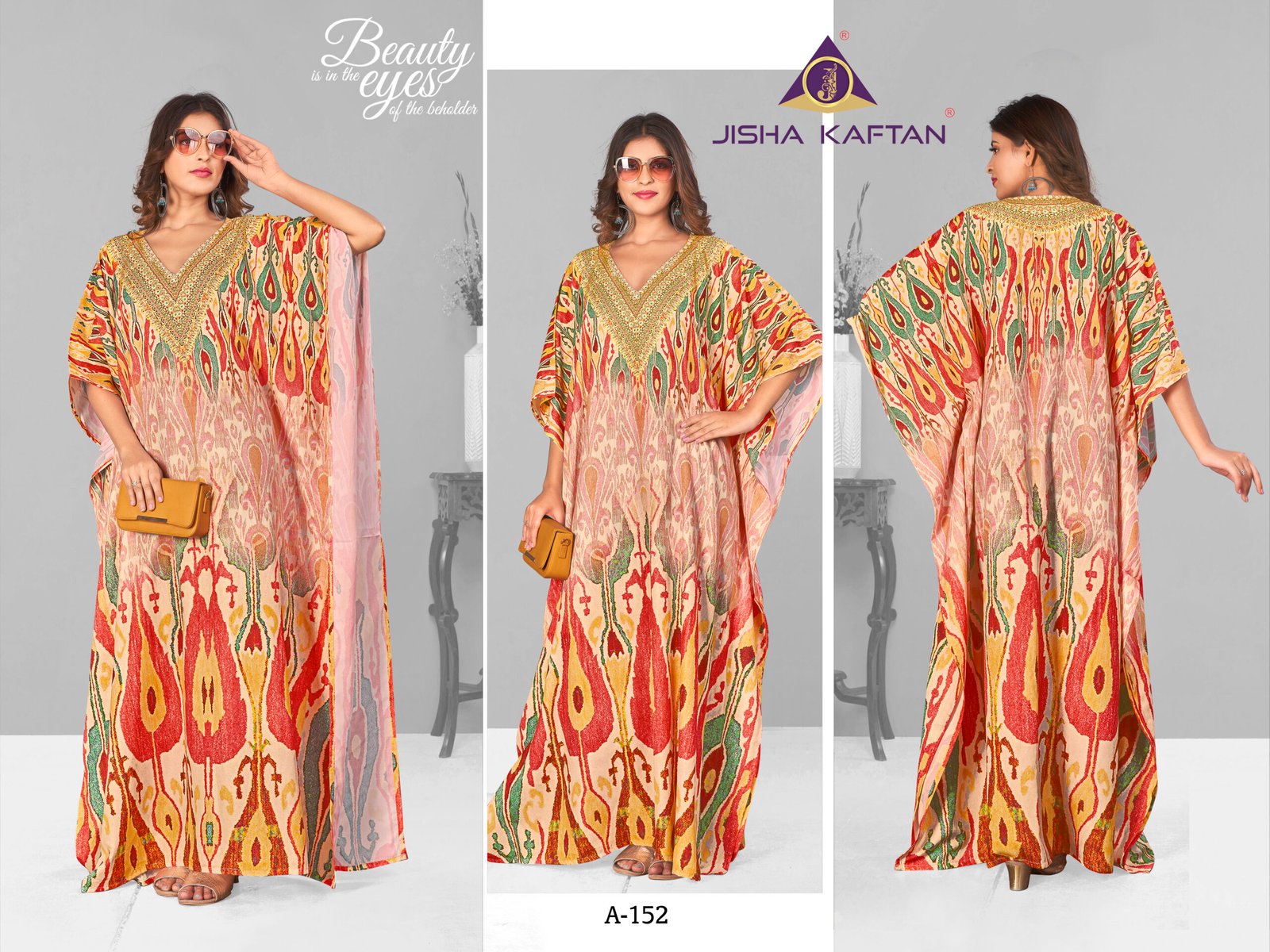 A-152 Afreen Kaftan Polyester Crepe Fabric With Digital Printing and Stone Work-Size - Free Size (fits up to 3Xl)