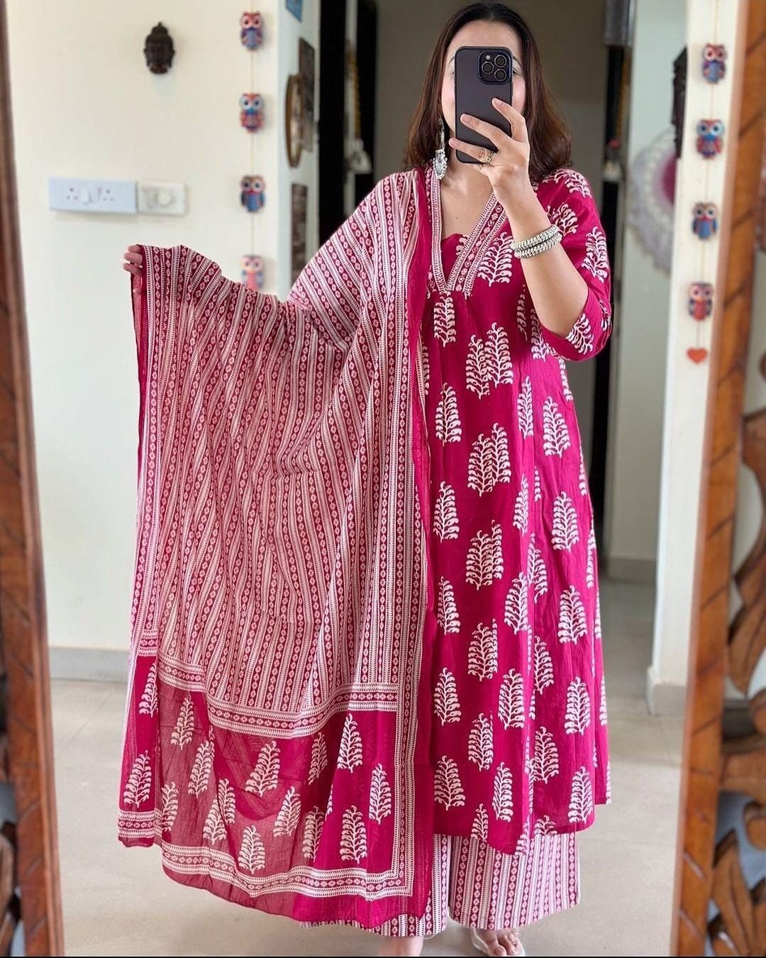 Cotton Suit set Full Flaired block Print stright Suit With EMBROIDERY HANDWORK -1 Cotton Suit set Full Flaired block Print stright Suit With EMBROIDERY HANDWORK