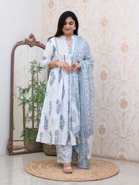 Cotton Suit set Full Flaired block Print stright Suit With EMBROIDERY HANDWORK