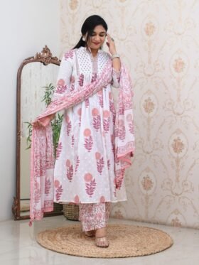 Cotton Suit set Full Flaired block Print stright Suit With EMBROIDERY HANDWORK