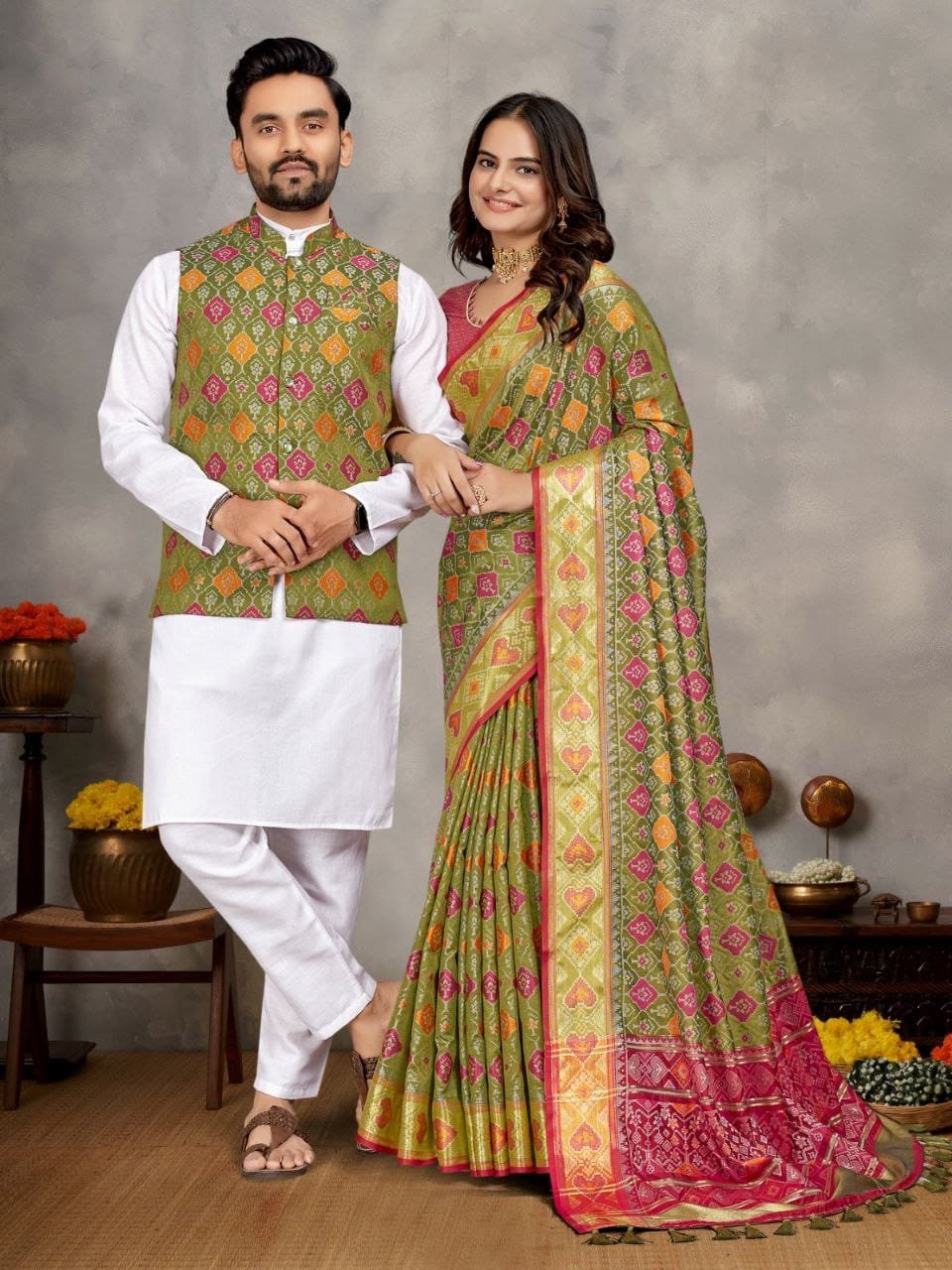 Couple Mens Kurta+Koti & Female Saree Matching Combo-MEHNDI-1 🤩🥳 New Launching Couple Combo (Men's Kurta+Koti & Women Saree)