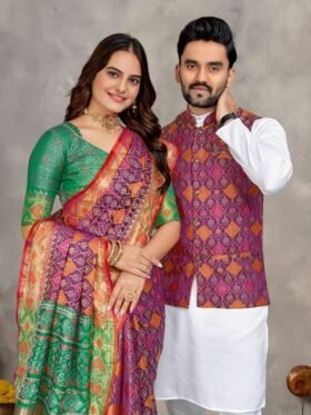 🤩🥳 New Launching Couple Combo (Men's Kurta+Koti & Women Saree) 💃🏻👩🏻‍❤‍👨🏼Presenting Couple Mens Kurta+Koti & Female Saree Matching Combo for Festival Season👩🏻‍❤‍👨🏼💃🏻