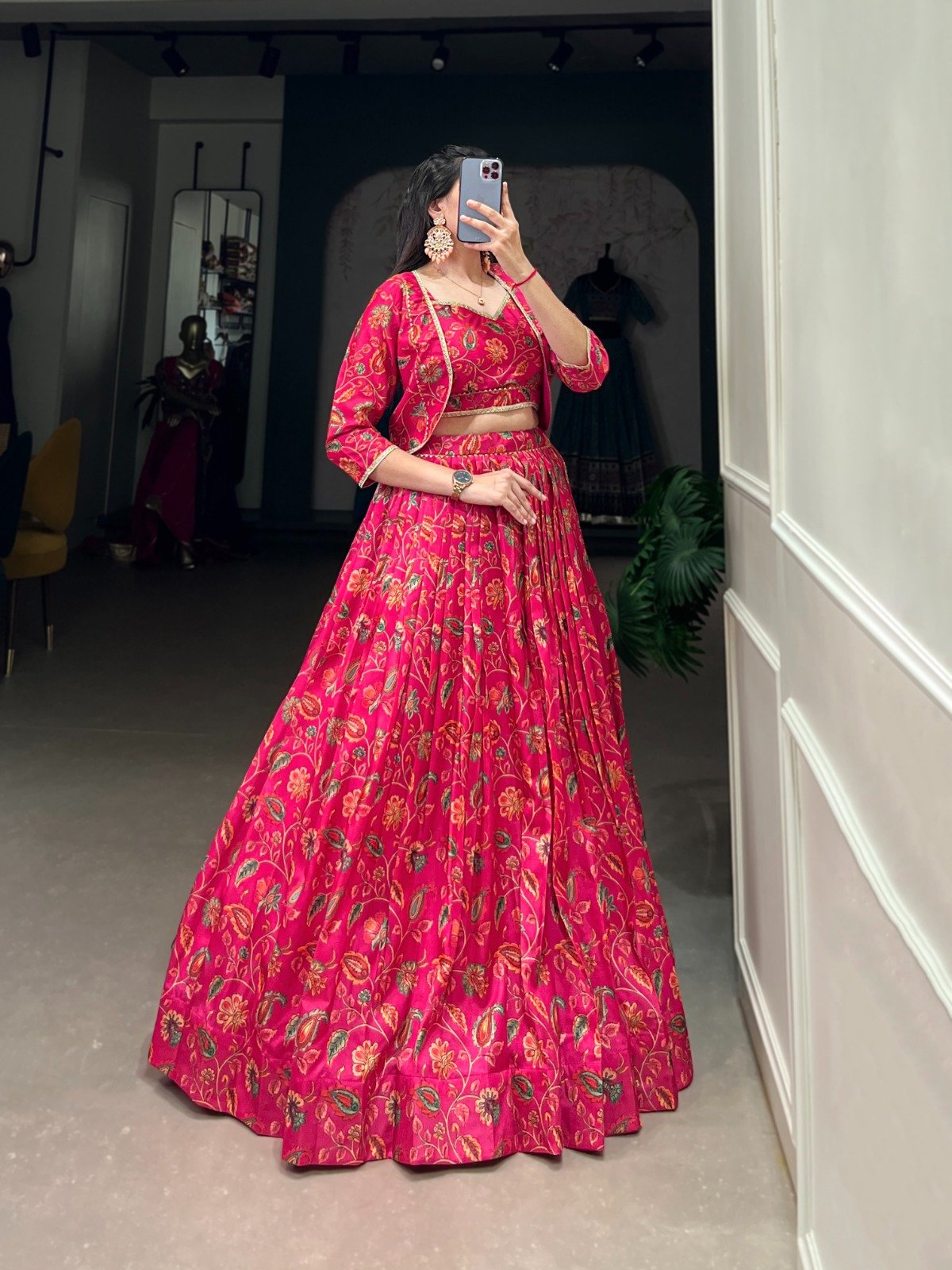 Embrace tradition with a touch of elegance in this Tussar silk Floral Print Wedding Lehenga-2