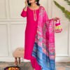 Women's Gajri Viscose Embroidered Straight Kurta with Viscose Pant And Jacquard Printed Dupatta Sets