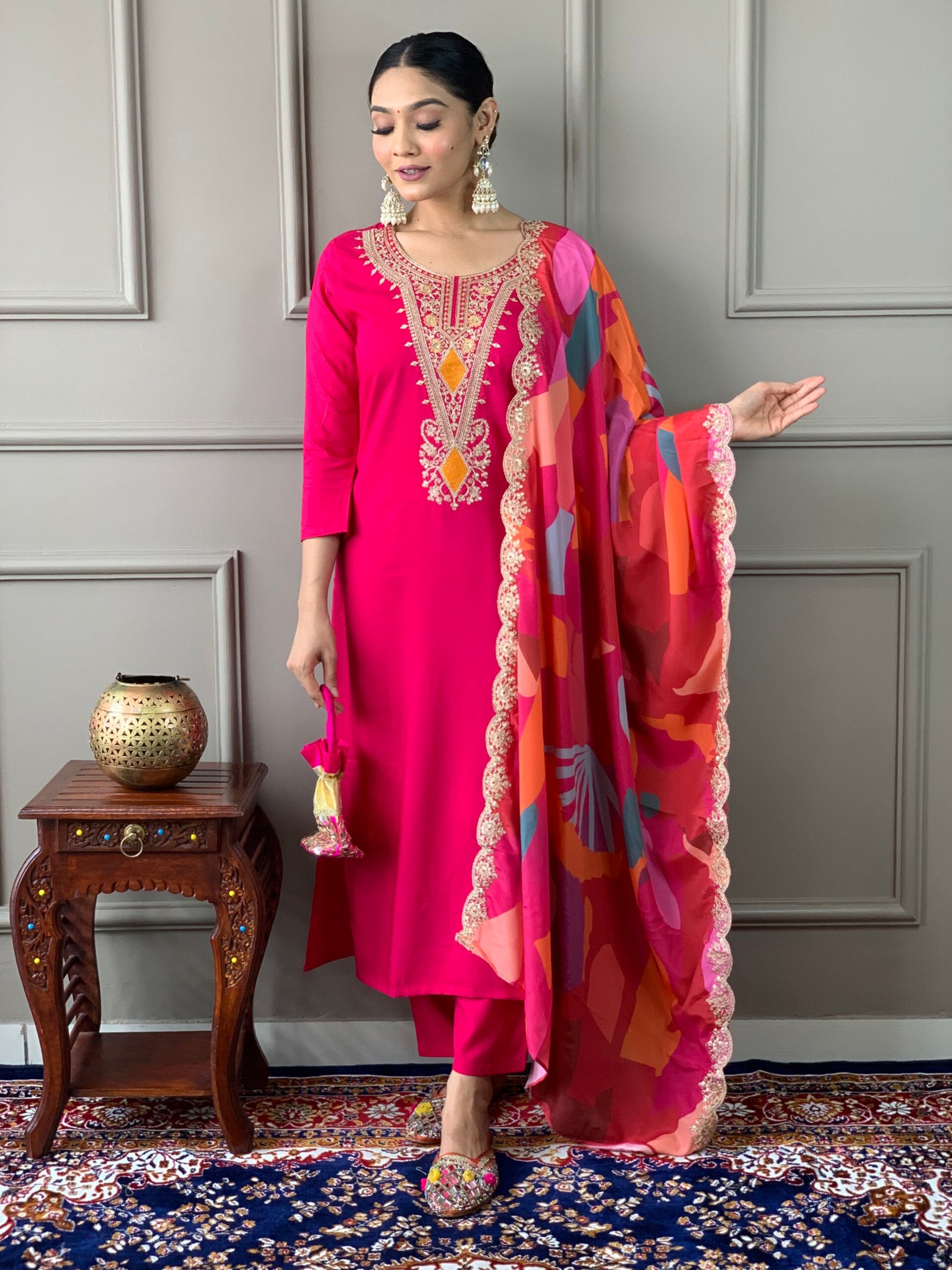 NK-546-Red (1) Women's Red silk viscose Embroidered Straight Kurta with silk Viscose Pant And Crepe Printed Dupatta Sets Size: S, M, L, XL, XXL, 3XL