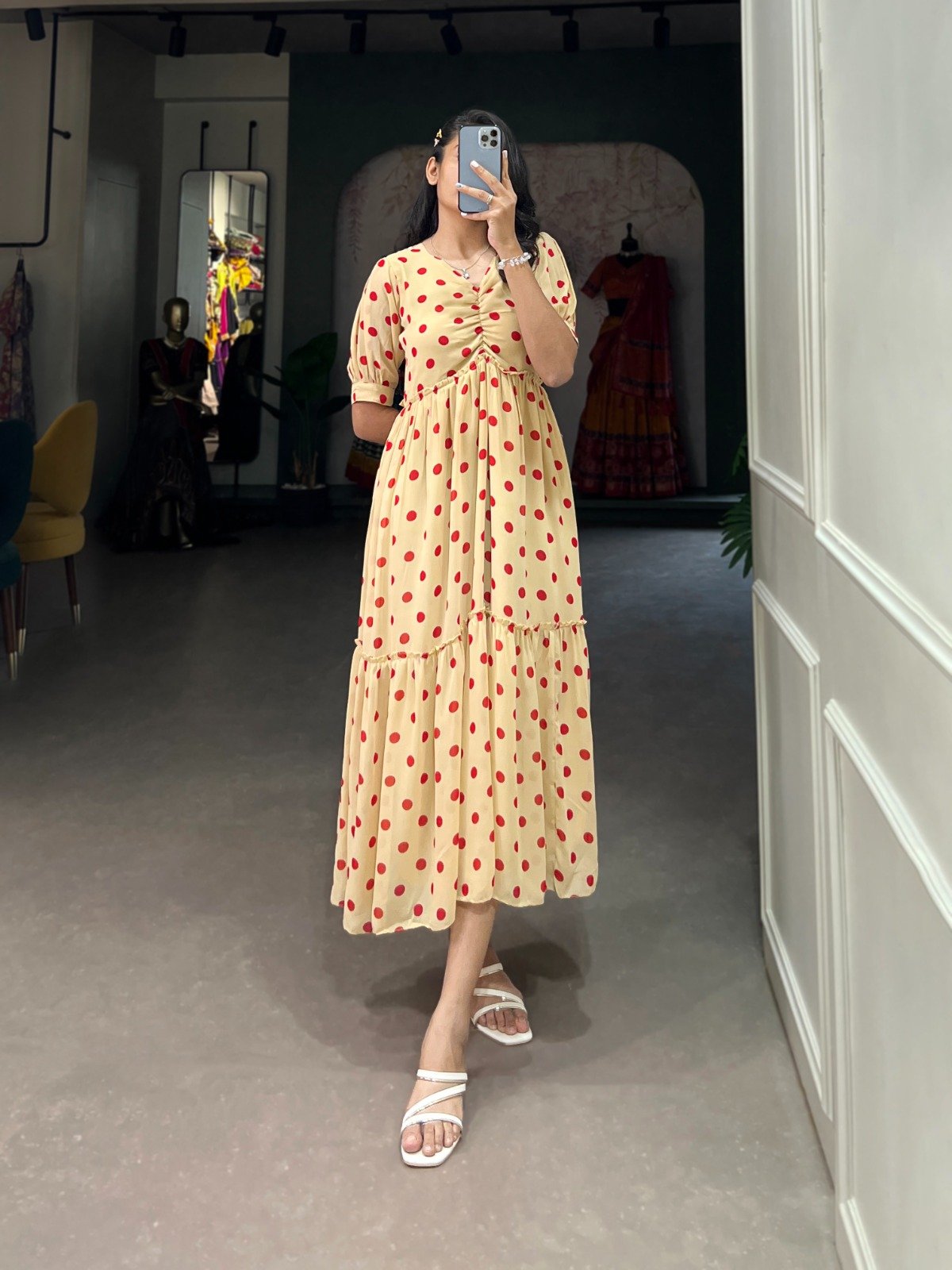 Polka Dots Print Georgette Long Frock -Colour-Cream-1 Polka Dots Print Georgette Long Frock
