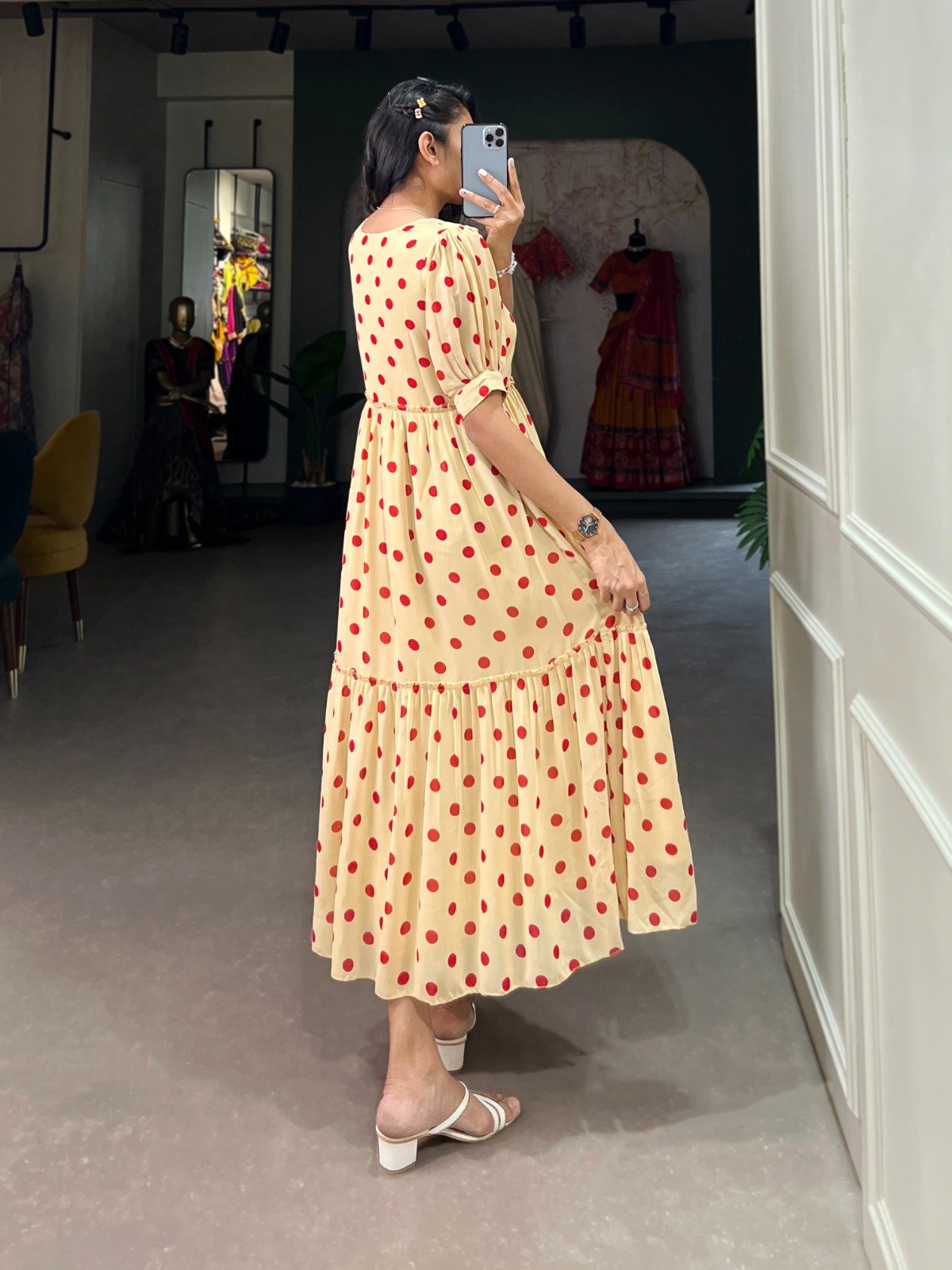 Polka Dots Print Georgette Long Frock -Colour-Cream-2