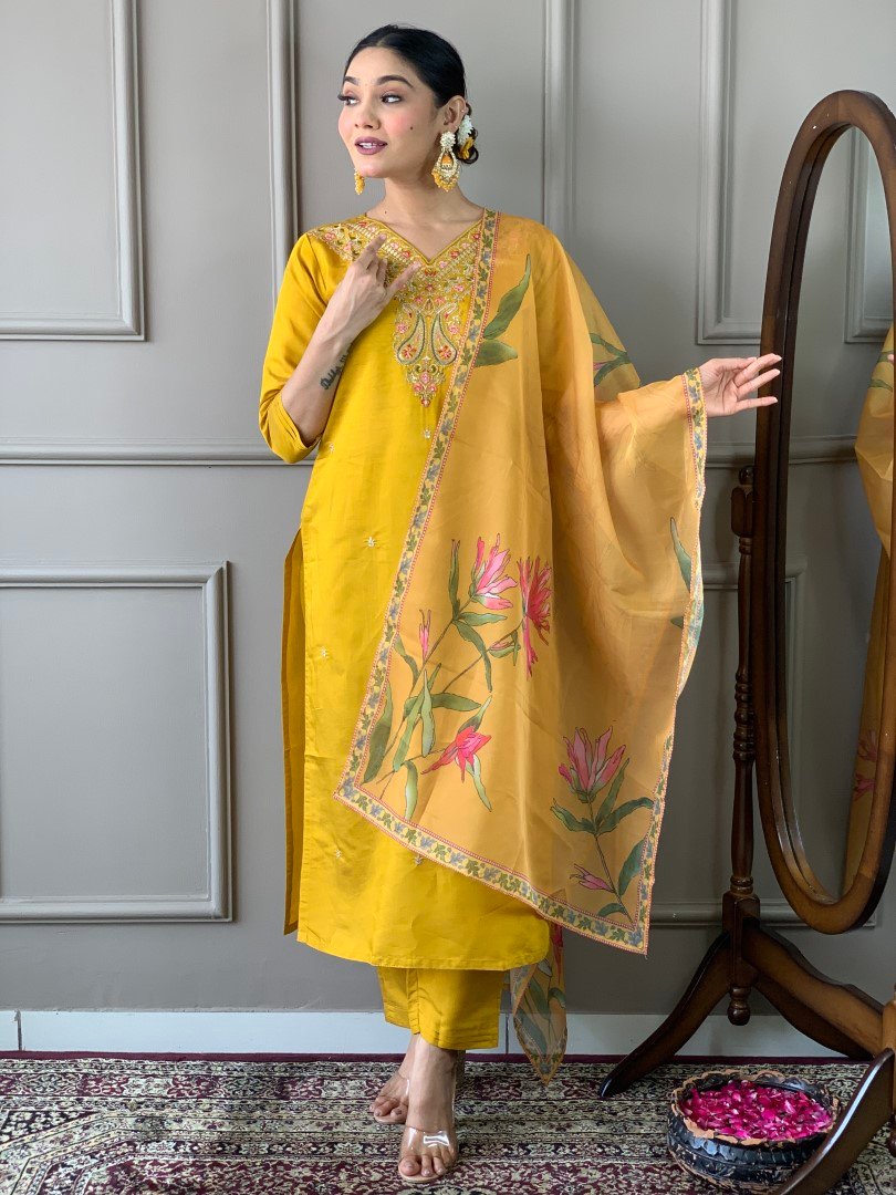 S-Gauri-Mustard (5) (Large) Viscone Chanderi Fabric straight Kurta And Pent With DUPATTA NAYLON TABY And Embroidery Work SIZE:S,M,L,XL,XXL