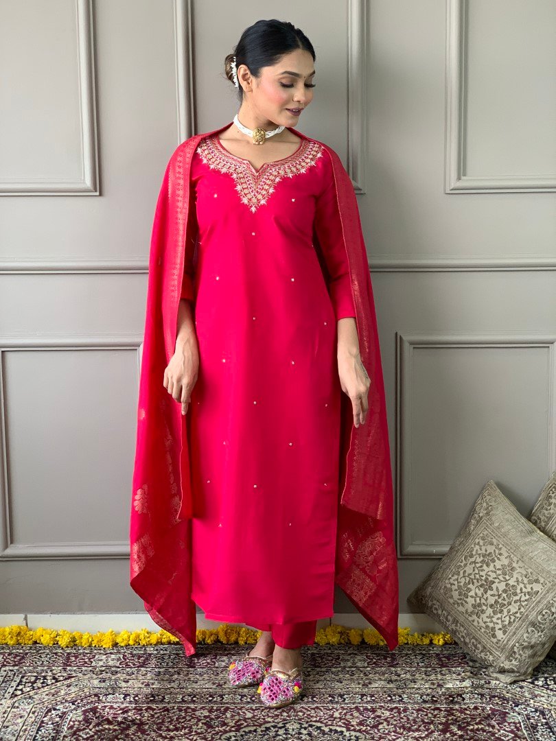 S-Ishani-Red (1) (Large) Kurta And Pent With Naylon Jacquard Dupatta And Embroidery Work SIZE:S,M,L,XL,XXL