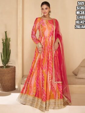 Gown- Anarkali Georgette Fabric Floral Gown with Net Dupatta Sizes– S (36), M (38), L (40), XL (42),2XL (44) Color- Pink