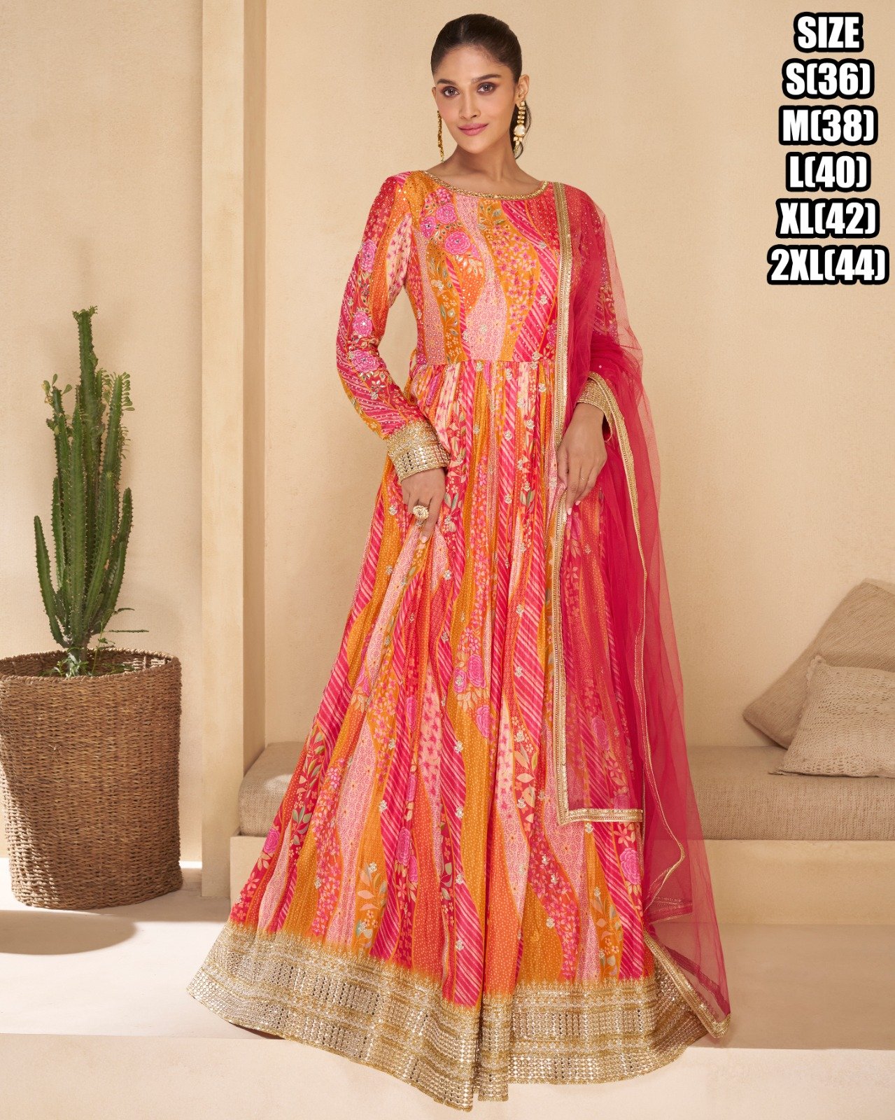 Anarkali Gown With Dupatta- 3 Gown- Anarkali Georgette Fabric Floral Gown with Net Dupatta Sizes– S (36), M (38), L (40), XL (42),2XL (44) Color- Pink