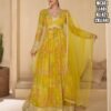 Gown- Anarkali Georgette Fabric Floral Gown with Net Dupatta -Yellow