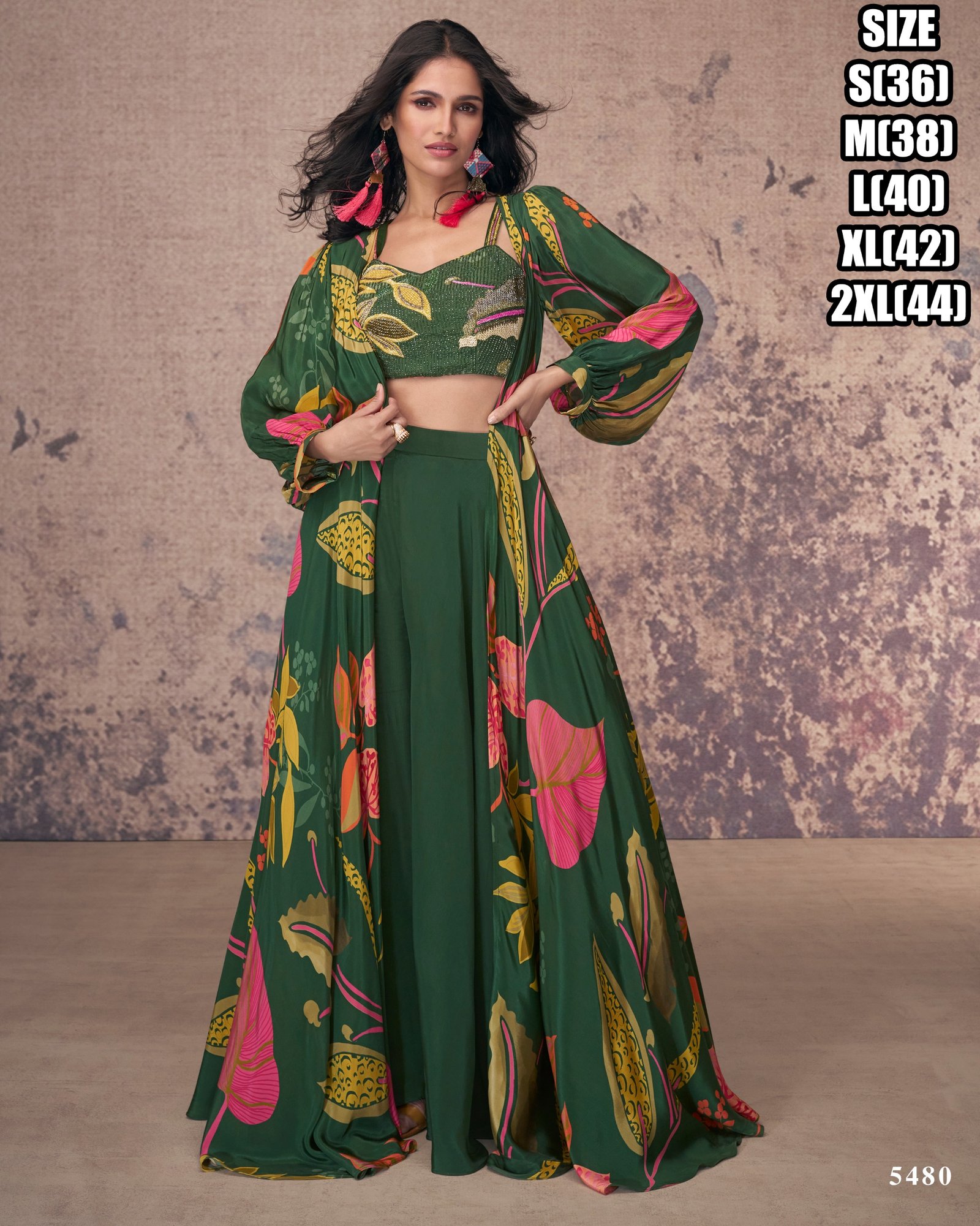 Crepe Silk Co-ord Set 2 Crop Top and Bottom With Long Shrug- Indo Western Co-ord Set- Green