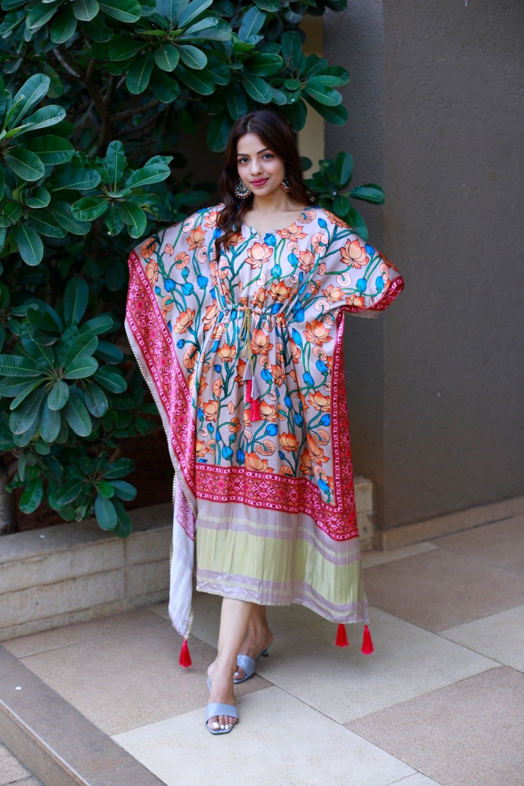 GAJI SILK KAFTAN Colour-1 Kaftan Silk Gaji Digital Print with Gotta Patti Lace Border also comes with tassels