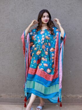 Kaftan Silk Gaji Digital Print with Gotta Patti Lace Border also comes with tassels