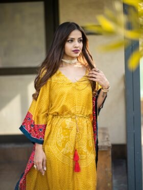 Kaftan Silk Gaji Digital Print with Gotta Patti Lace Border also comes with tassels