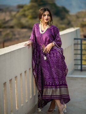 Kaftan Silk Gaji Digital Print with Gotta Patti Lace Border also comes with tassels