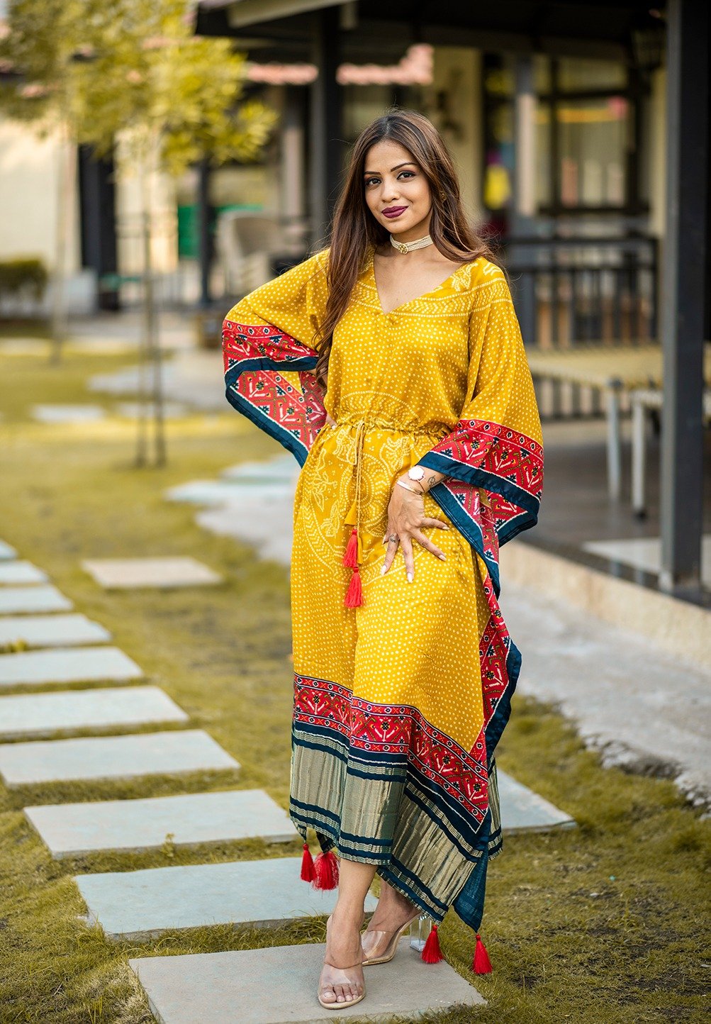 GAJI SILK KAFTAN Colour-yellow Kaftan Silk Gaji Digital Print with Gotta Patti Lace Border also comes with tassels