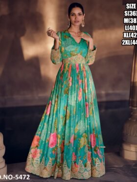 Gown Printed Embroidery Georgette Long Sleeve V Neck Gown Net Dupatta Sizes – S(36), M(38), L(40), Xl(42), Xxl(44)