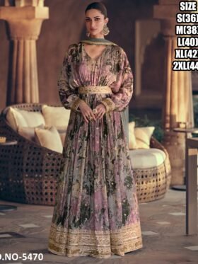 Gown Printed Embroidery Georgette Long Sleeve V Neck Gown Net Dupatta Sizes – S(36), M(38), L(40), Xl(42), Xxl(44)