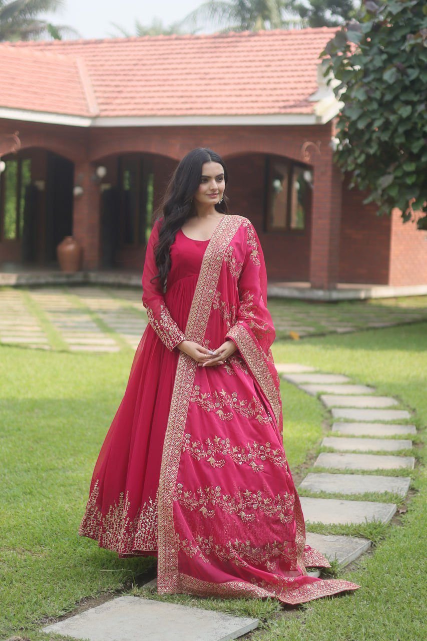 Gown with Dupatta With Attractive Embroidered Sequins work with Lace Border-Pink-2