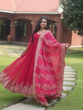 Gown with Dupatta With Attractive Embroidered Sequins work with Lace Border. SIZE :- M(38"), L(40"), XL(42"), Xxl(44") Colour -(Pink)