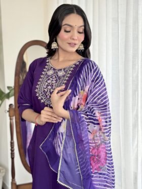KURTI PENT WITH HEAVY DIGITAL ORGANZA TABY DUPPATA WITH LACE BORDER SIZE : S,M,L,XL,XXL-Colour-Purple