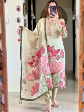 Kurta Pants Set with Dupatta Floral Straight Mirror Worked Size - M L XL XXL