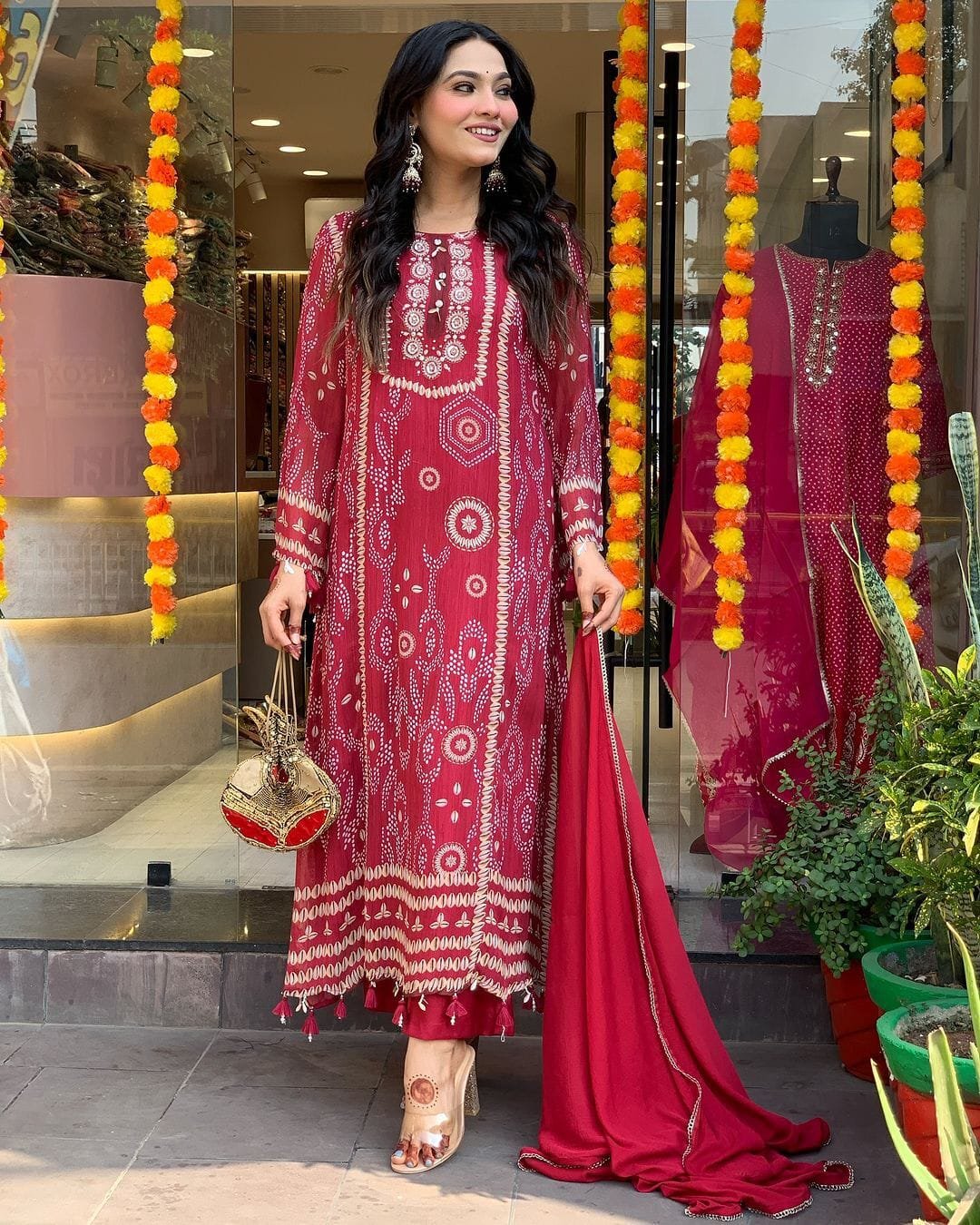Kurti And Pent With Dupatta Red Kodi Suit Set SIZE - M L XL XXL-Red-1 Kurti And Pent With Dupatta Red Kodi Suit Set SIZE - M L XL XXL