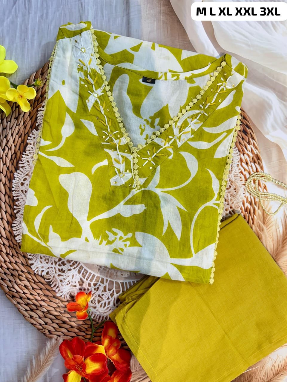 Kurti set smart casual Cotton SIZE M L XL XXL 3XL-Yellow-4