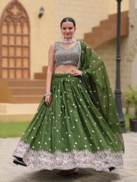 Lehenga Choli- Partywear Georgette Embroidered Lehenga Choli Set with Dupatta - Mehendi