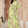 Maxi Dress Designer Neck Colour-GreenWith Pink And Green Floral Print