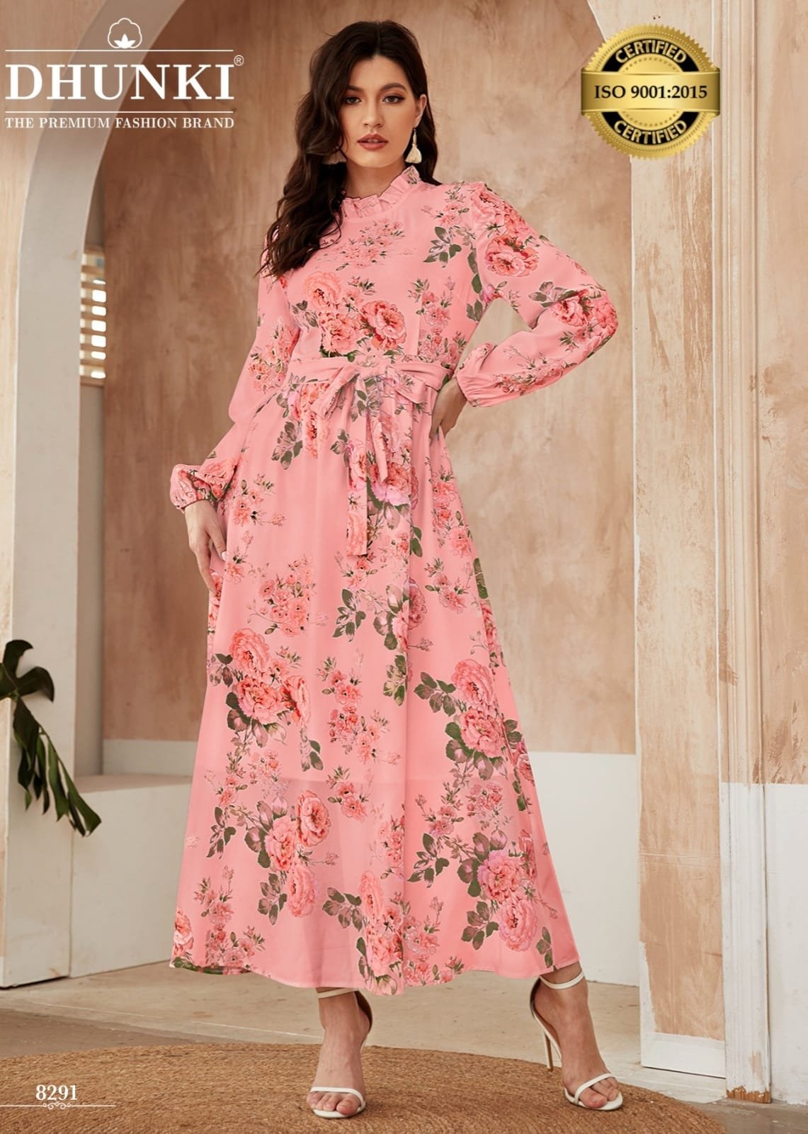 Maxi Dress Designer Neck Colour-Pink With Pink And Green Floral Print Maxi Dress Designer Neck Colour-Pink With Pink And Green Floral Print