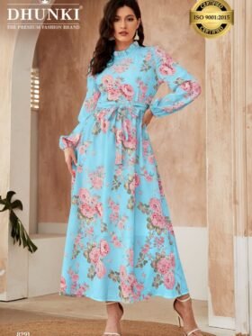 Maxi Dress Designer Neck Colour-Sky Blue With Pink And Green Floral Print