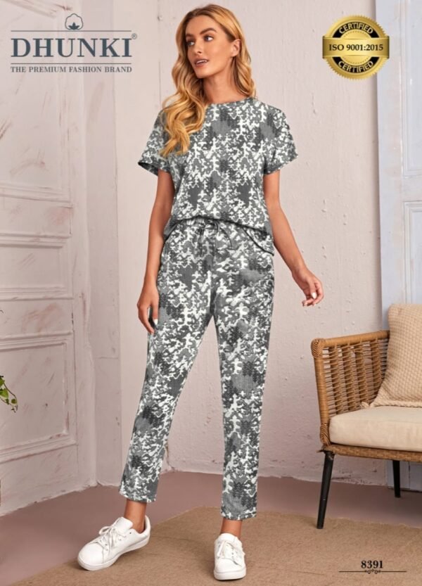 Night Wear attractive print, designer pant and tshirt Size: S, M, L & XL Colour-Gray