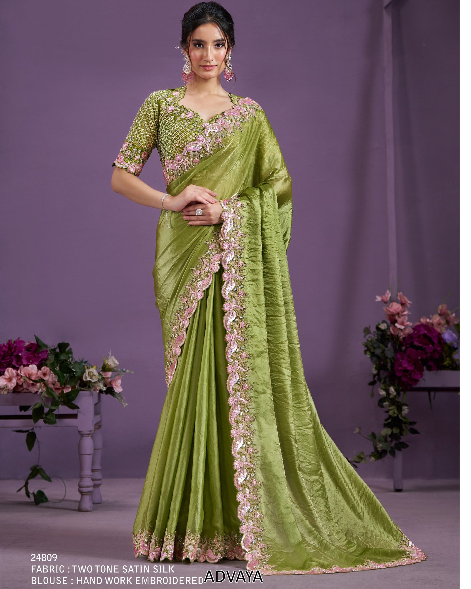 Party Wear Designer Unstitch Saree With Blouse-satin silk 09 Party Wear Designer Unstitch Saree With Blouse-Colour-Green