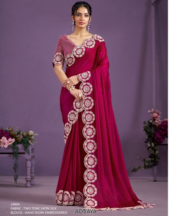 Party Wear Designer Unstitch Saree With Blouse- Maroon