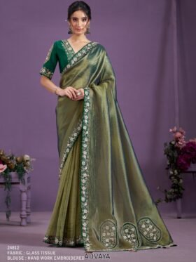 Party Wear Designer Unstitch Saree With Blouse-Colour-Olive Green