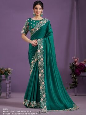 Party Wear Designer Unstitch Saree With Blouse-Colour-Rich Dark Green