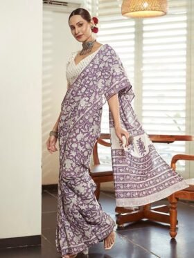 Saree-Ajrakh Block Print Sarees 100% Pure Mulmul cotton fabric With Blouse Colour-Light Purple With White Designs