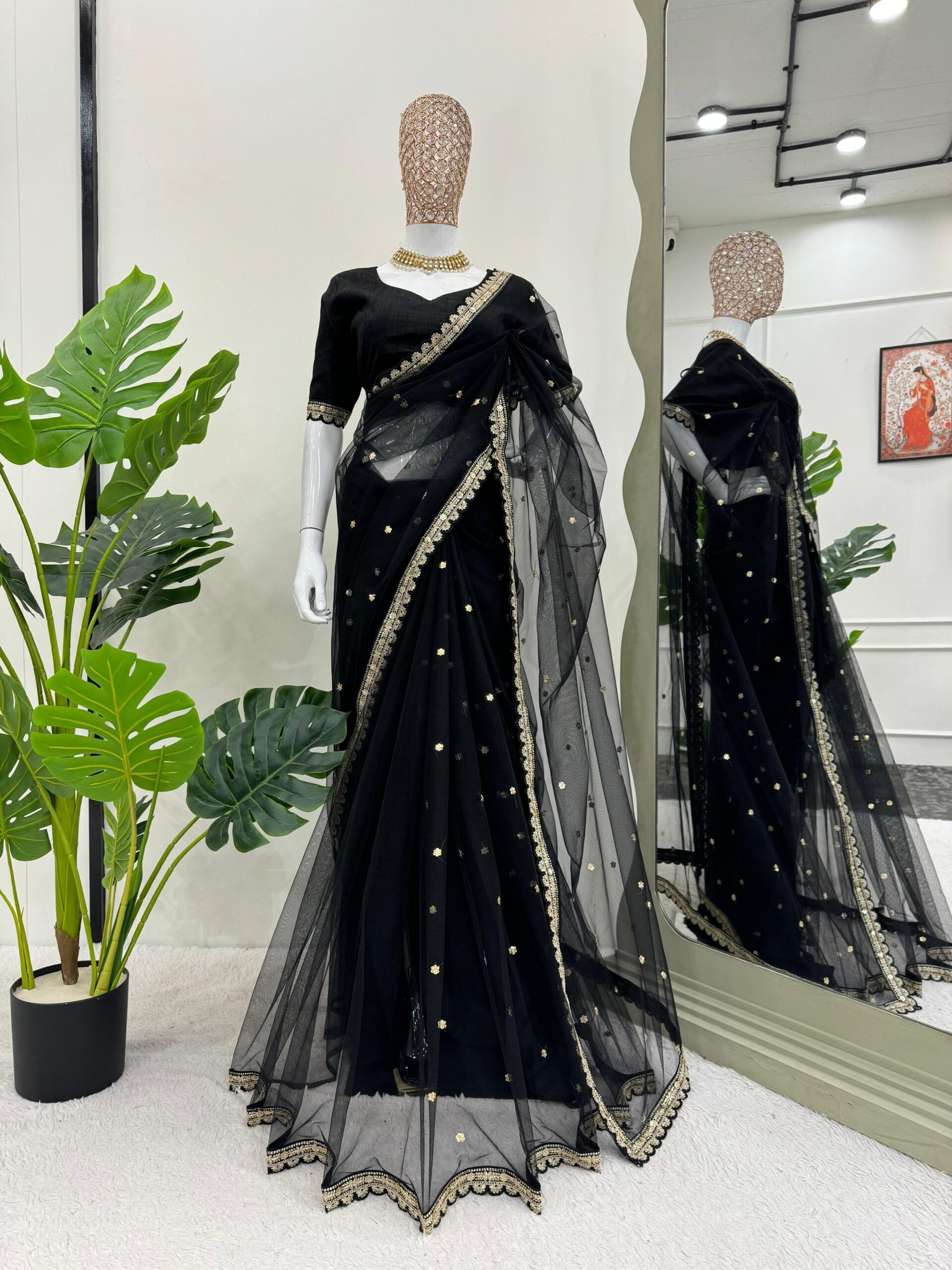 Saree Fancy Lace With Coding & Sequnce Work-Black-1