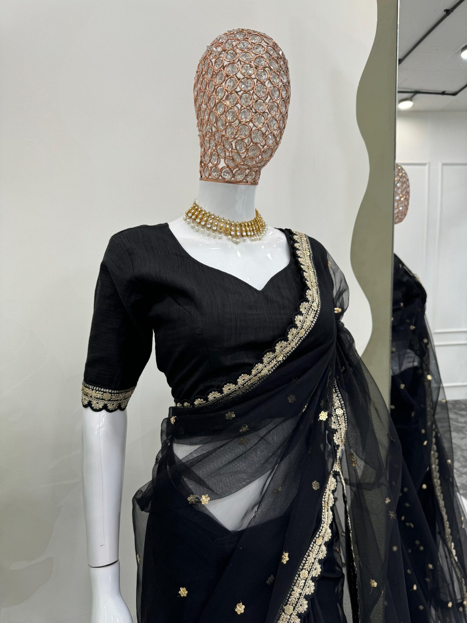 Saree Fancy Lace With Coding & Sequnce Work-Black-3
