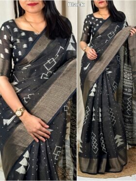 Saree Hand Printed Designer and zari boder & tussles in pallu-Colour-Black